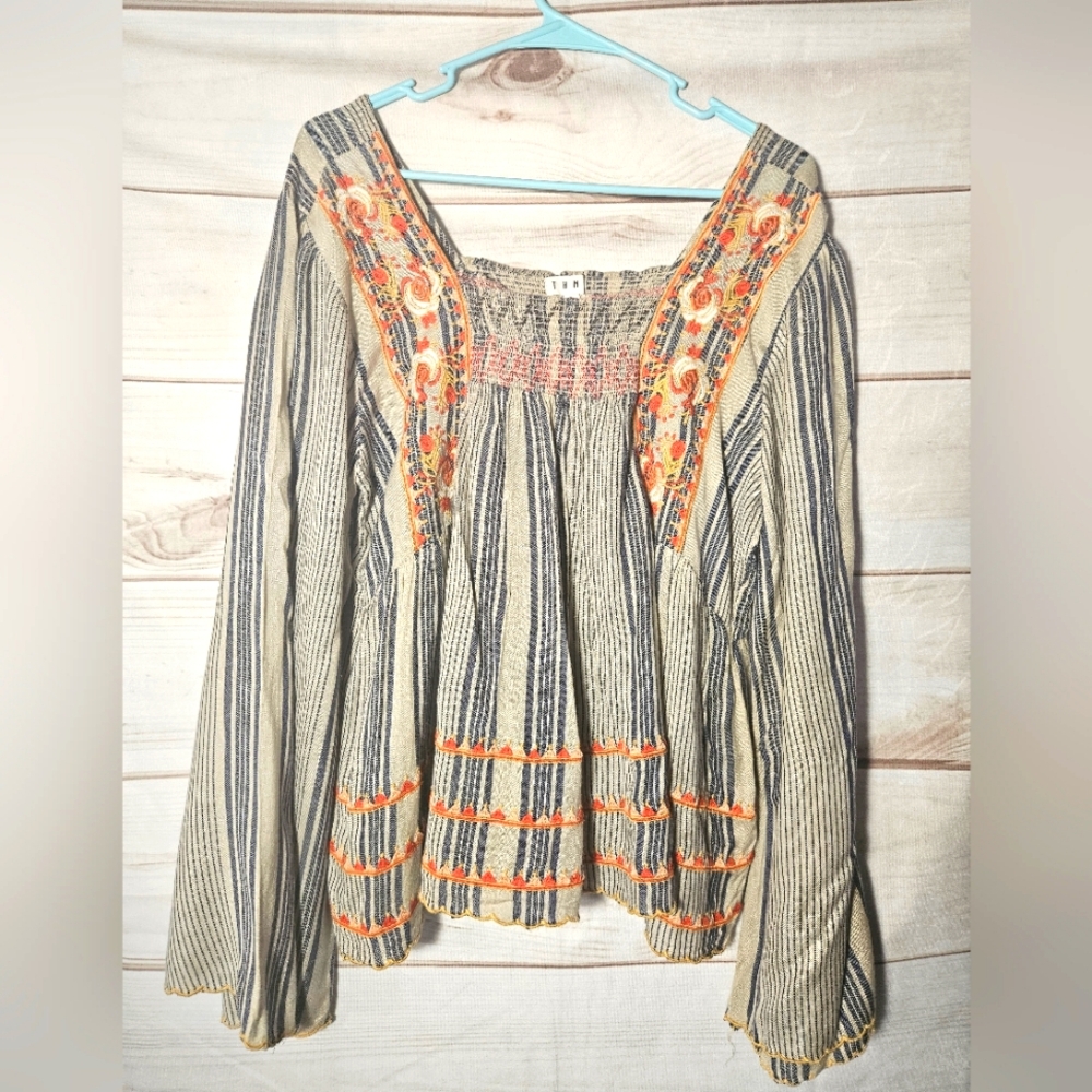 THML Smocked Embroidered Peasant/Boho Top